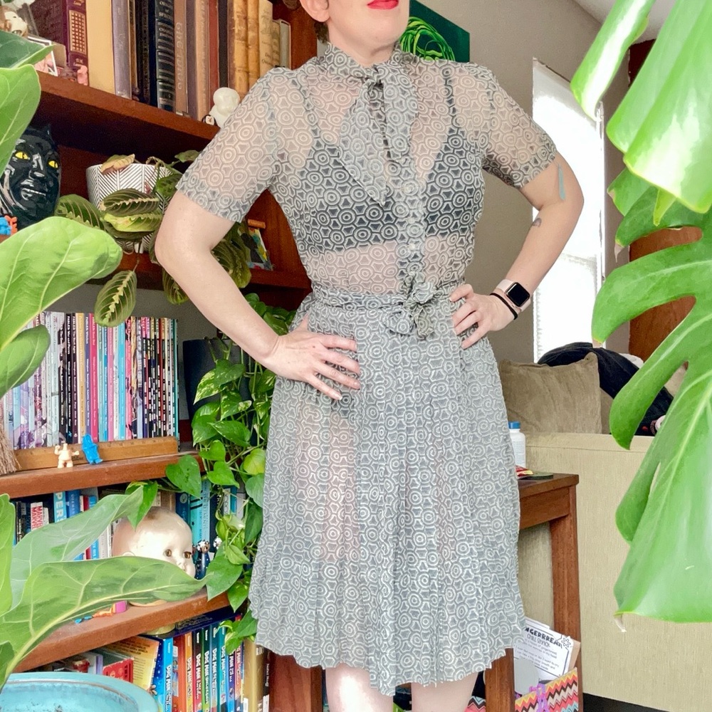 Vintage 60s Sheer Gray Patterned Dress with Tie Collar